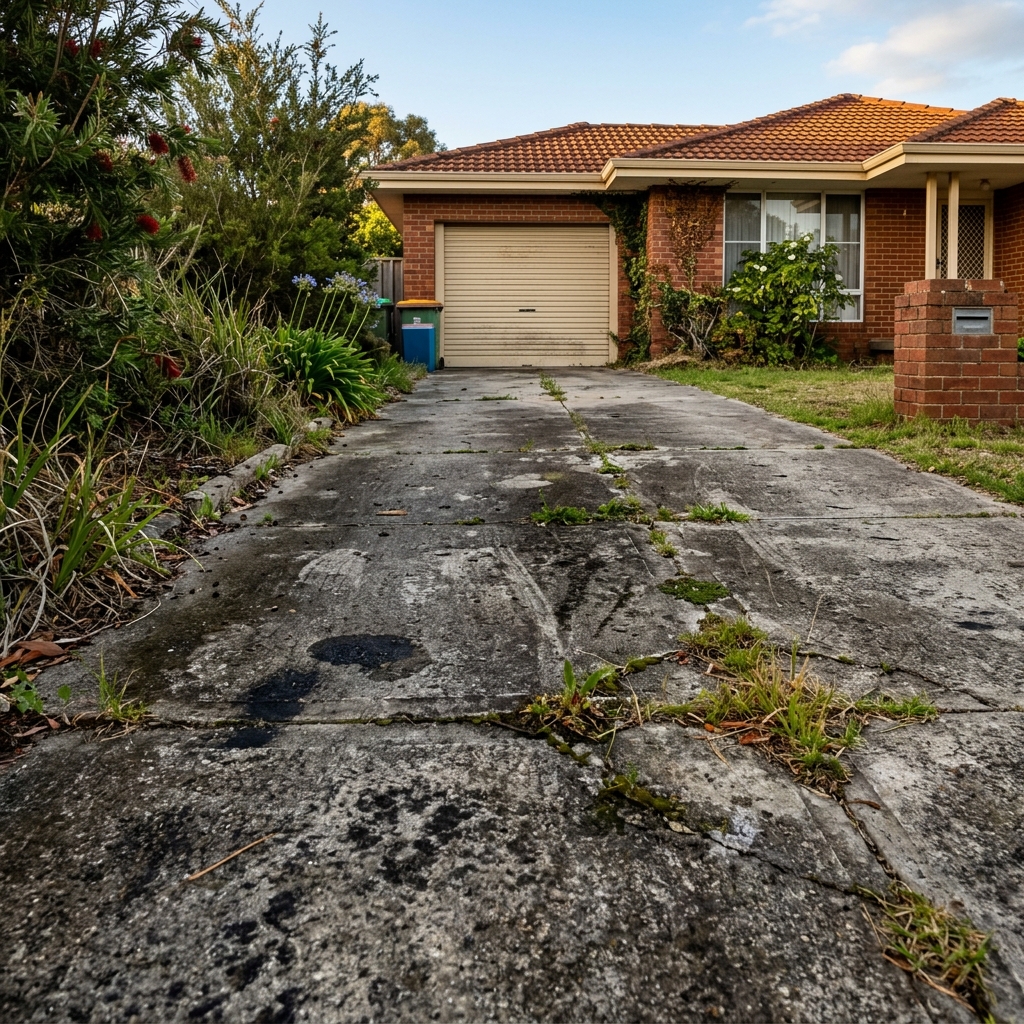 Driveway before restoration — dirty and stained concrete